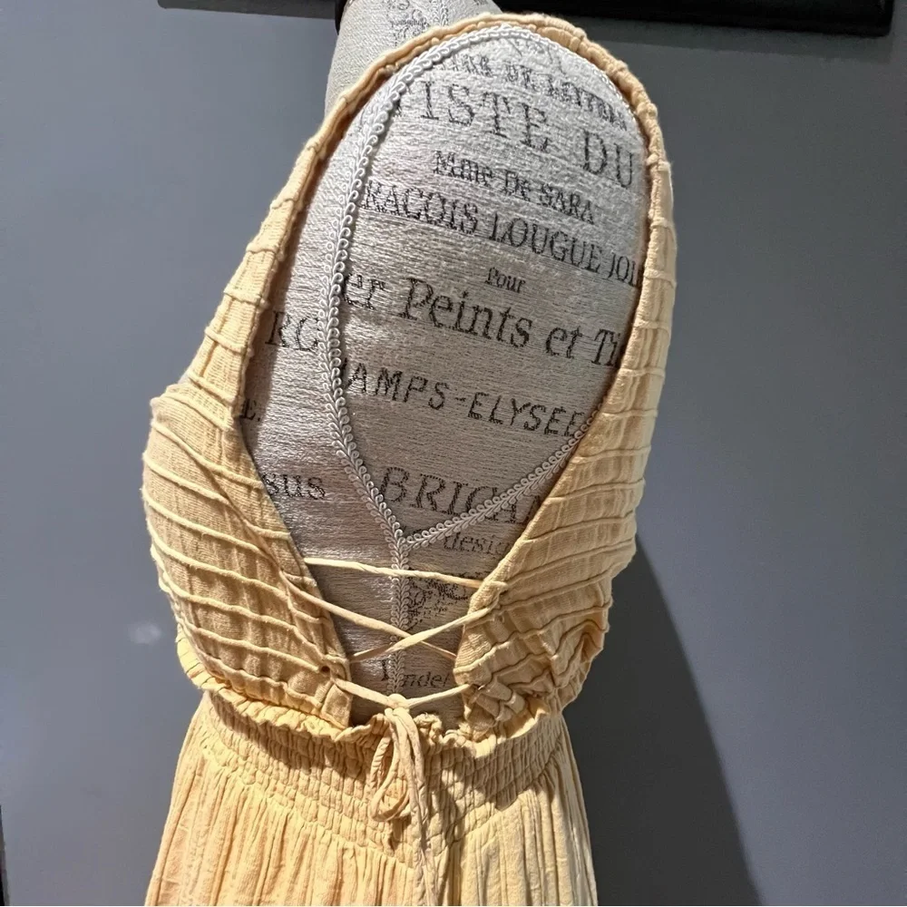 Vintage 90s Free People Yellow Ankle Thick Cotton Sun Dress With Lace Up Sides S - Picture 8 of 13